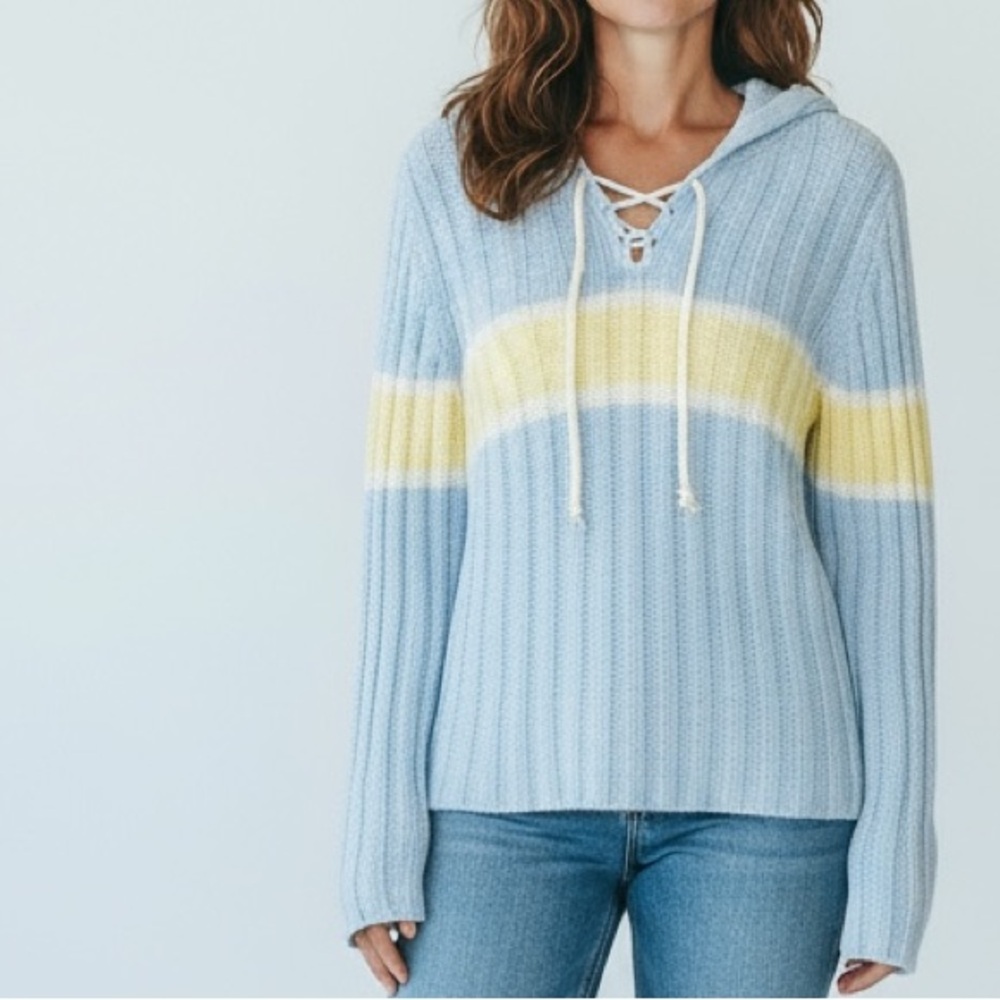Aeropostale Y2K Baby Blue & Yellow Stripe Lace Up Hooded Ribbed Sweater Size XL